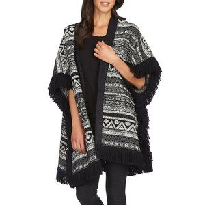 1. STATE Poncho Sz M-L Cape Fringe Boho Jacket Womens Open Front Tweed NWT $169